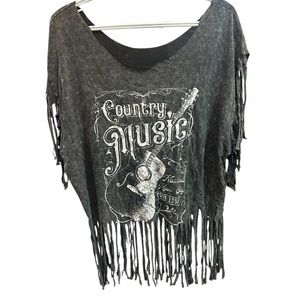 Fringe Gray-Black Mineral Wash Country Music Graphic Top size XL